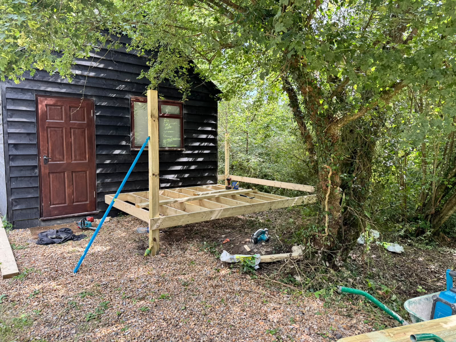 Deck joists and posts laid out before the boards go on