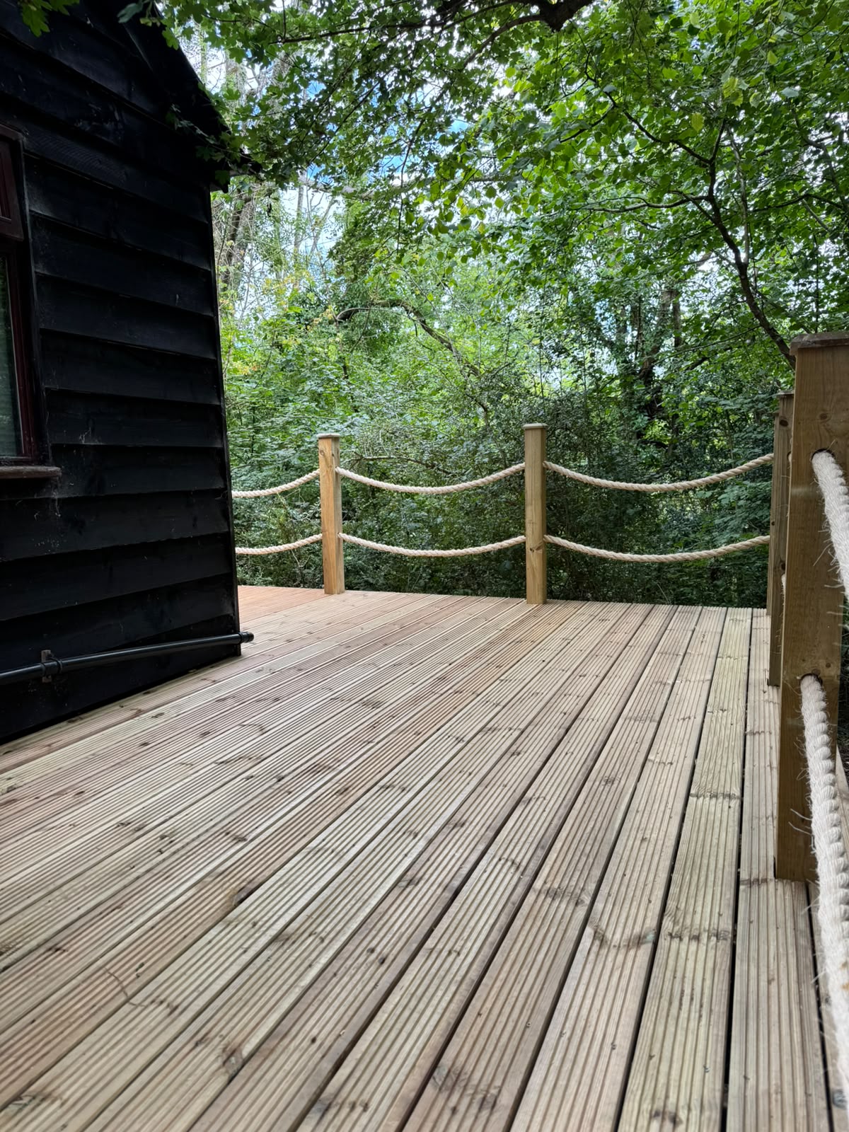 Raised deck with rope balustrades overlooking trees