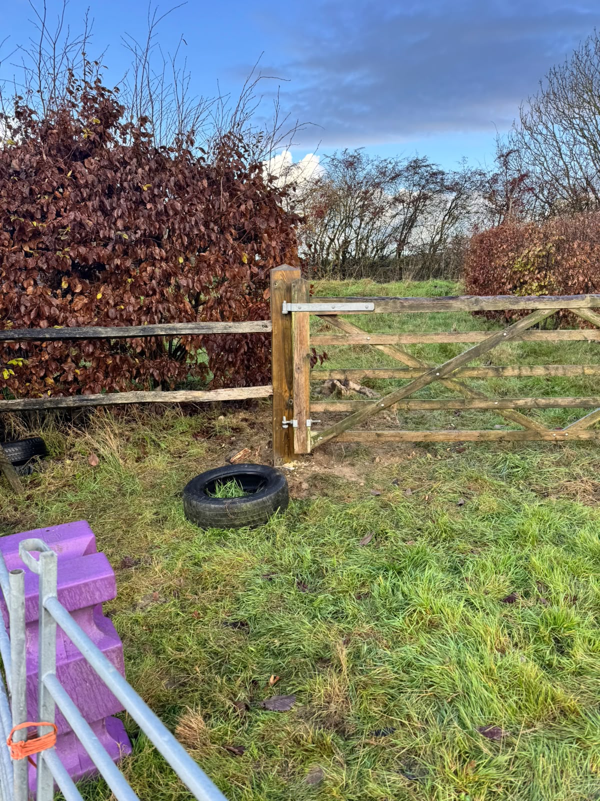 Post-and-rail fencing with a five-bar gate at a field entrance