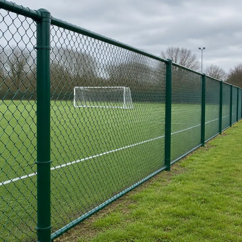 Green coated chain-link mesh fencing around a sports ground
