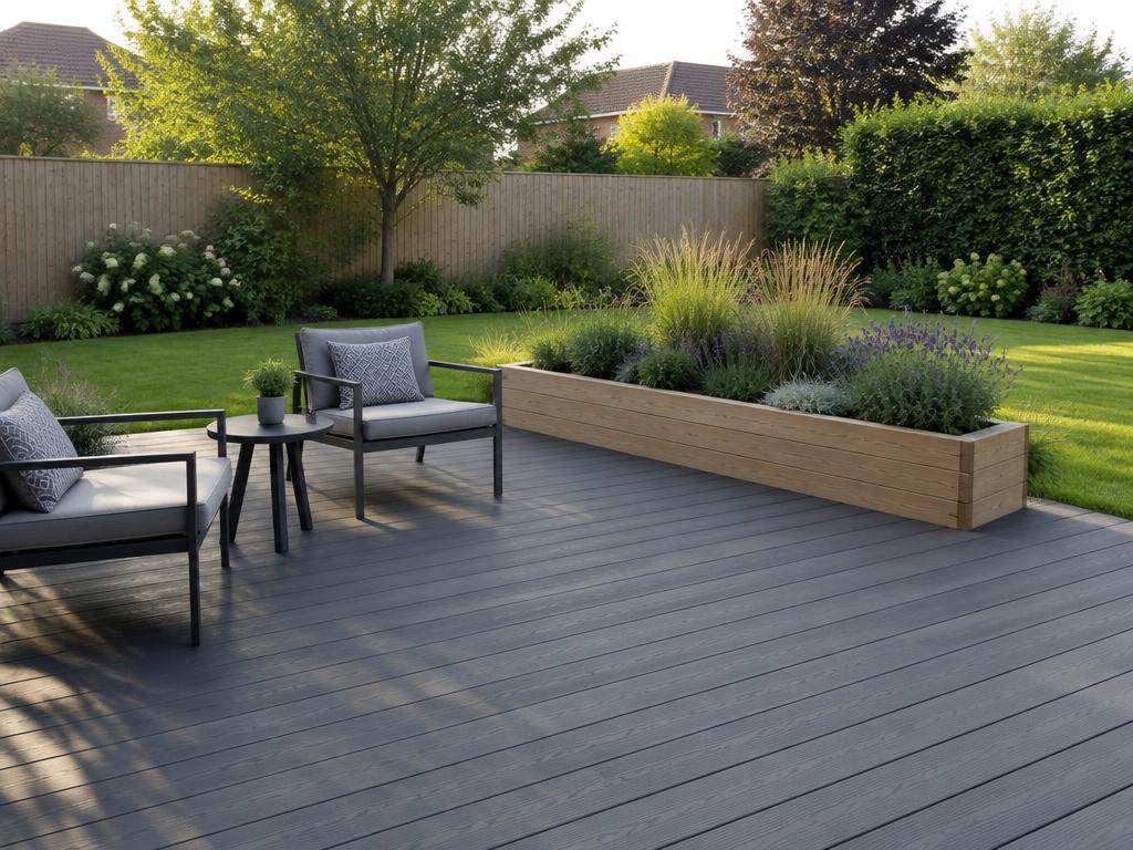 Dark grey composite decking terrace with chairs, a side table and a timber planter bed