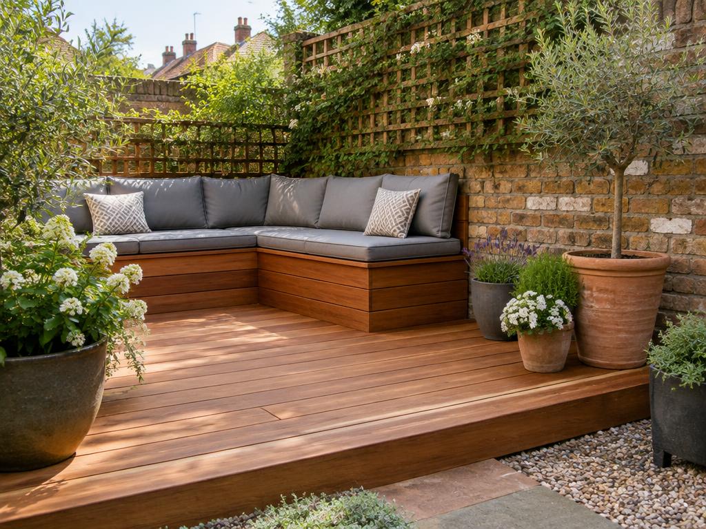 Low timber decking with built-in corner seating and potted plants