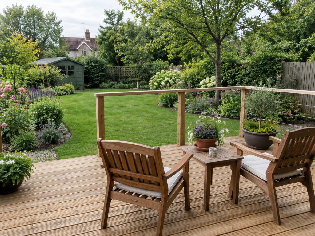 Timber garden decking with a handrail, chairs and a view over the lawn