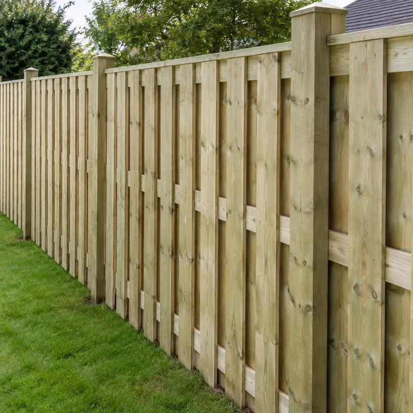 Double-sided hit-and-miss timber fencing with alternating vertical boards