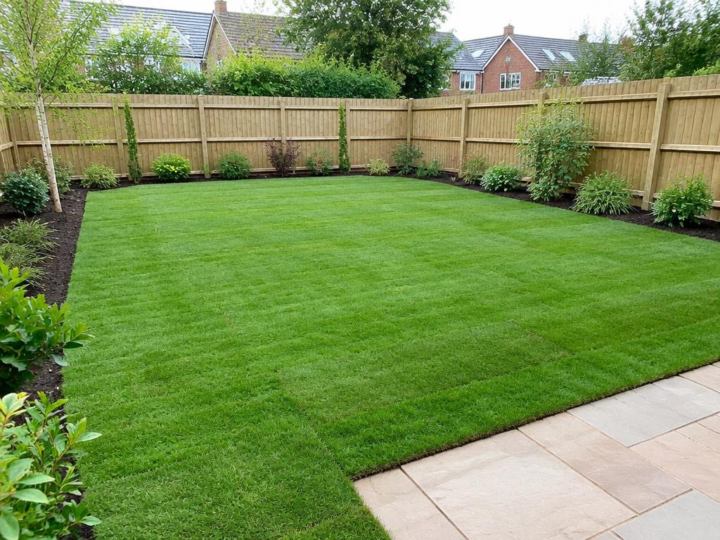 Newly laid turf lawn with clean edges beside planting beds
