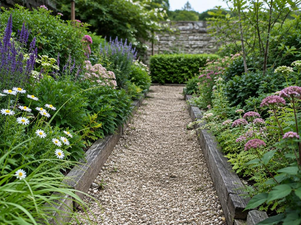 Gravel garden path edged with timber sleepers and flower borders