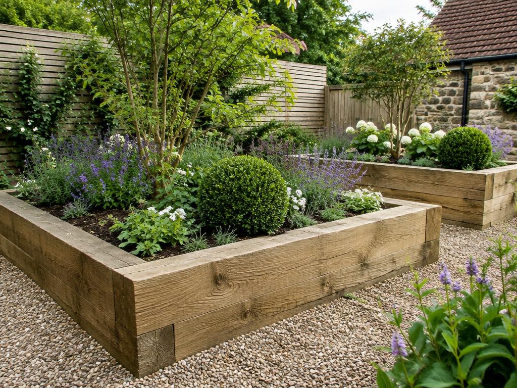 Oak sleeper raised beds with shrubs and perennials