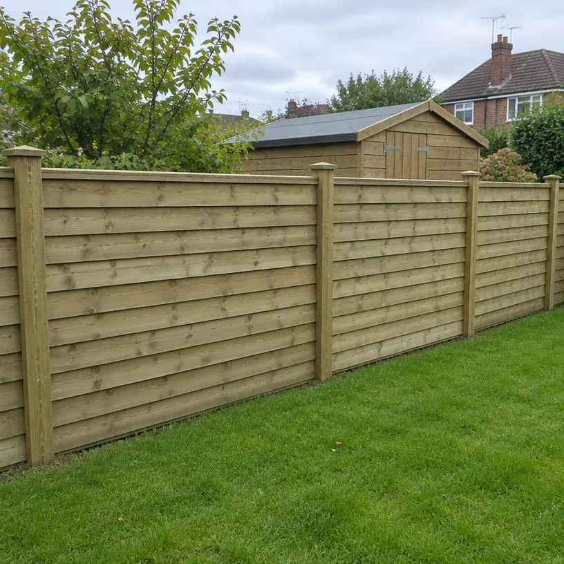 Timber lap panel fencing with horizontal overlapping slats between posts