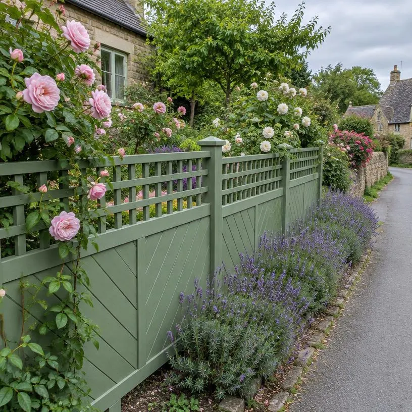 Painted V-board fence panels topped with timber trellis