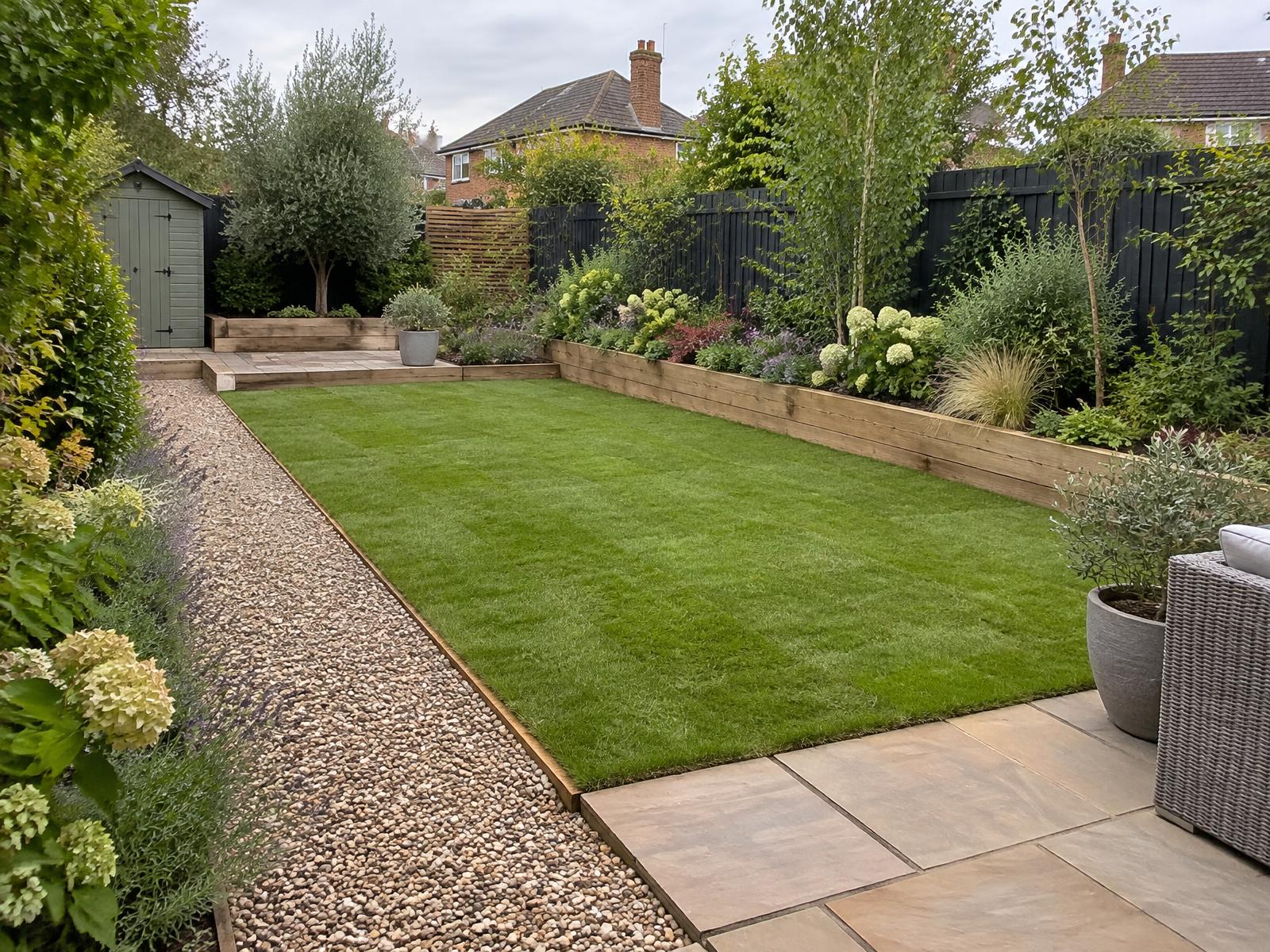 Illustrative landscaped garden with lawn, paving and planted beds