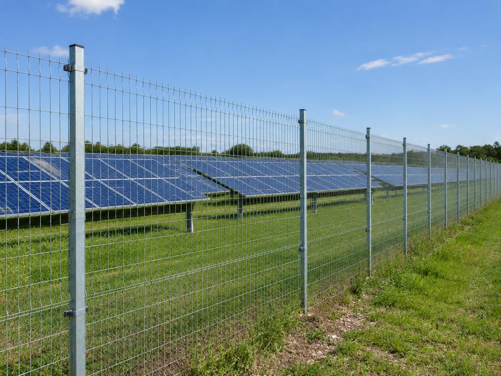 Galvanised wire mesh perimeter fence around a solar farm