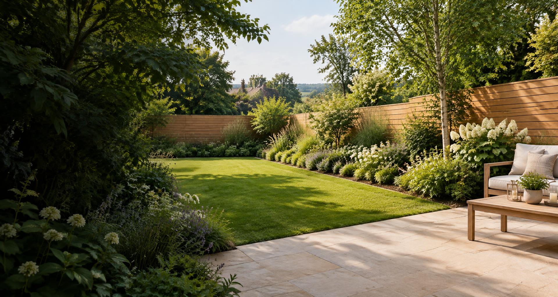 Garden inspiration with timber fencing, green lawn and a stone patio